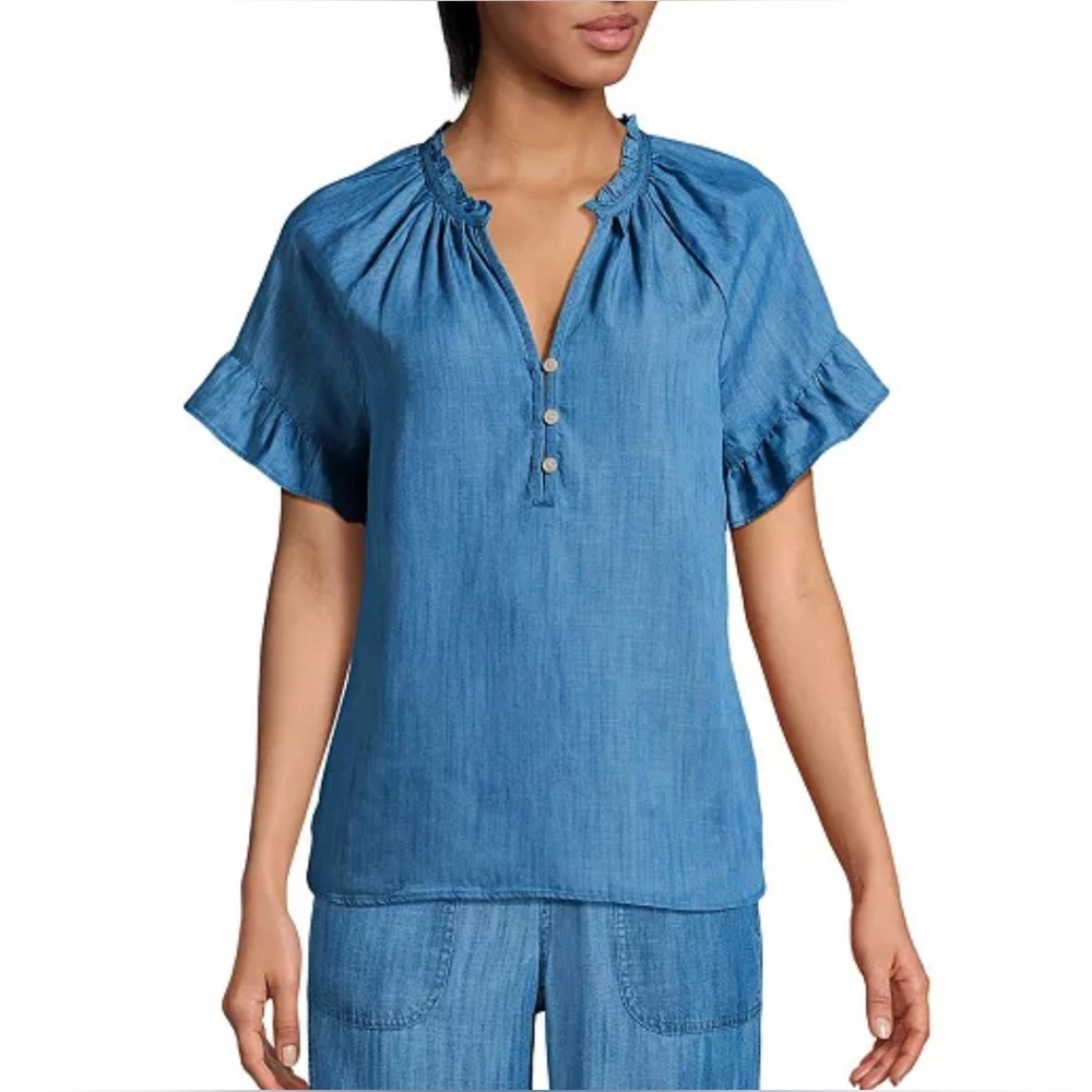 Lands’ End Chambray Ruffle Neck Blouse Medium - Picture 2 of 13